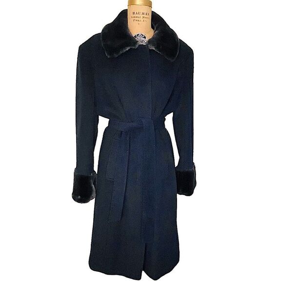 Calvin Klein Black faux fur collared wool coat - Size XL - Picture 2 of 13